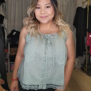 Sage Green Lace-Trimmed Top